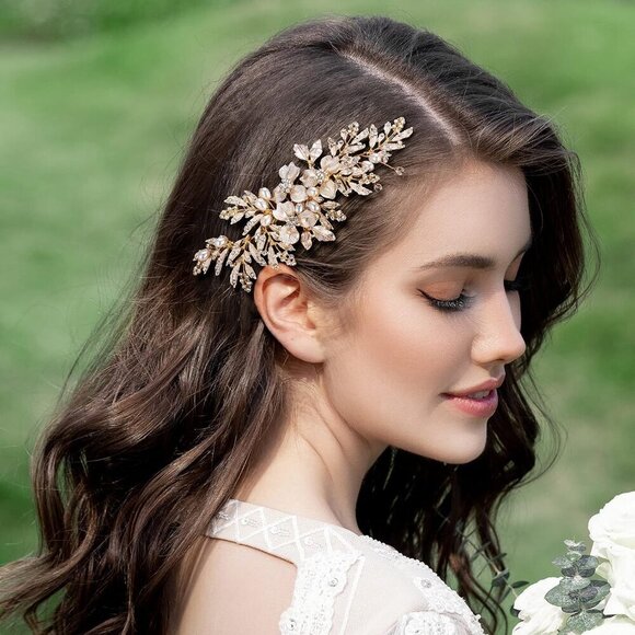 ?Women Gold Flower Crystal Hair Comb Accessories with Pearl Side Comb Headpiece main image 6